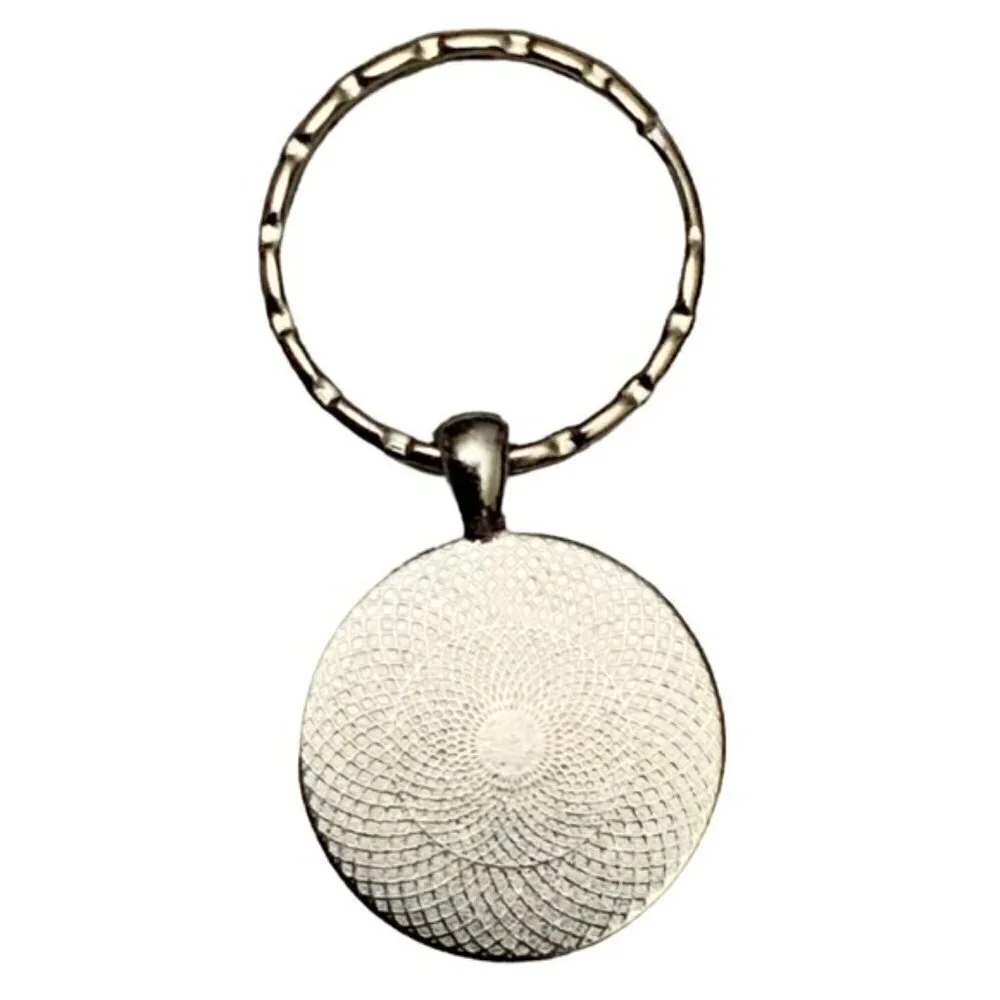 Happy Camper Keyring Fob Round Pendant Keepsake Gift Charm and Black Gift Pouch